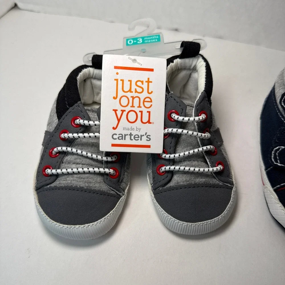 Carters Baby Boy Crib Shoe Sneakers Gray Navy 0-12 Months 2 Pairs NEW